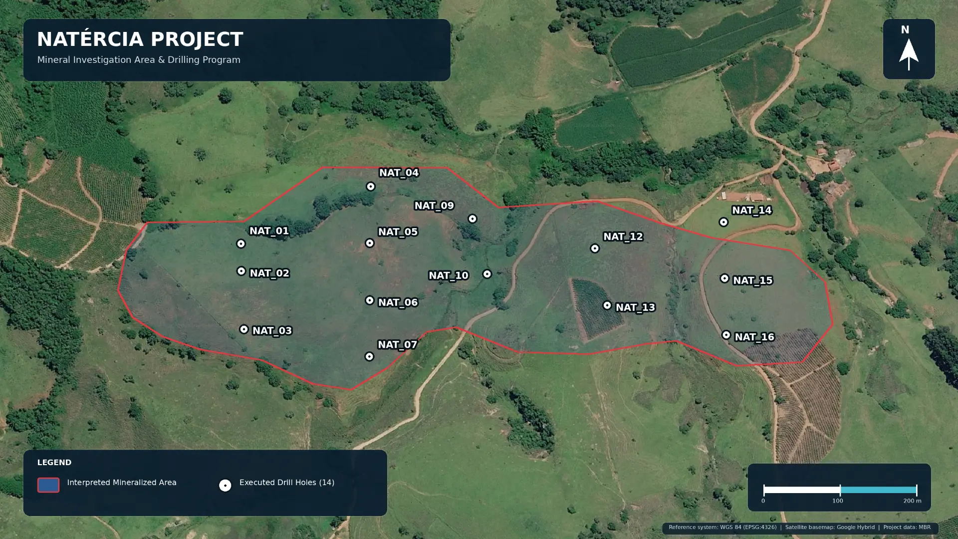 Natércia Project interpreted mineralized area and executed drill-hole locations